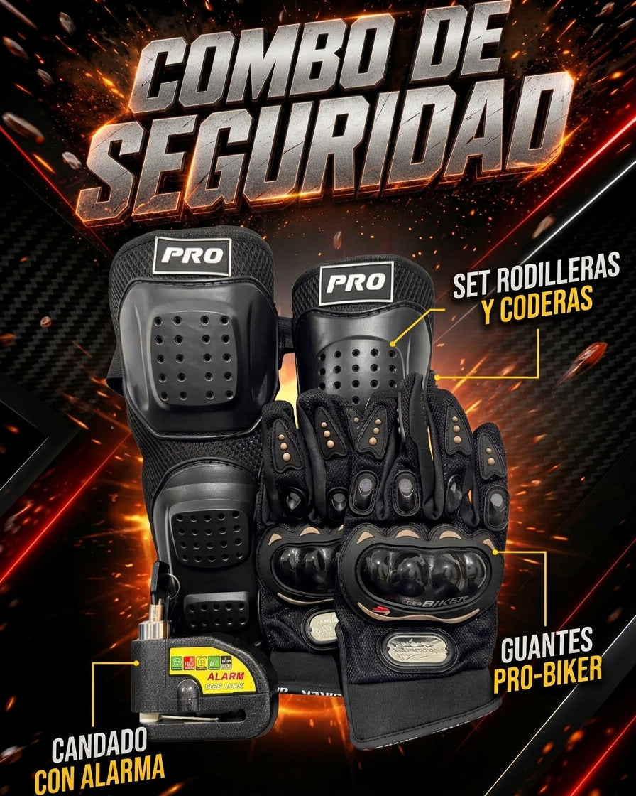 Combo Del Motero Seguro: Set Rodilleras y Coderas + Guantes Pro-Biker + Candado con Alarma