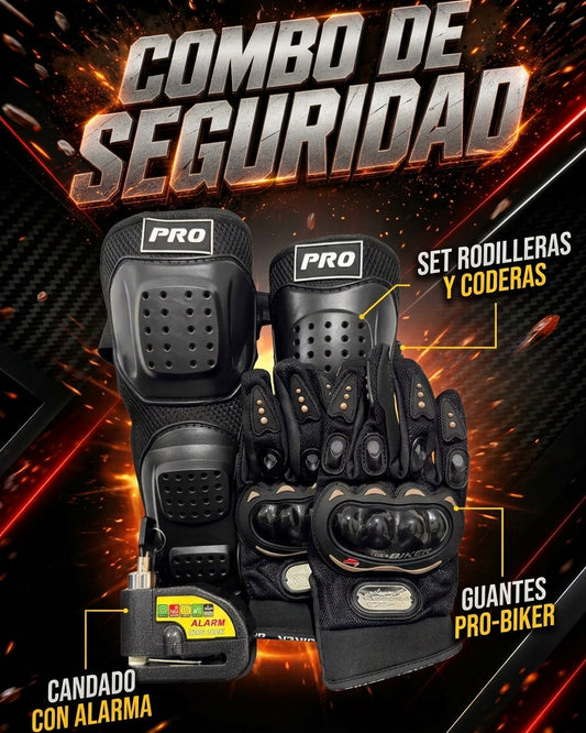 Combo Del Motero Seguro: Set Rodilleras y Coderas + Guantes Pro-Biker + Candado con Alarma