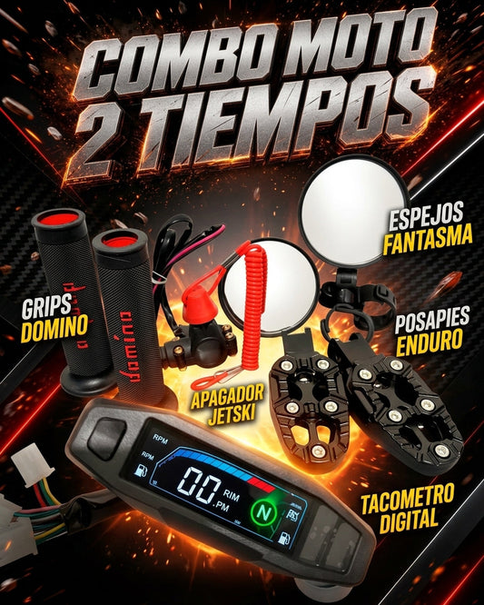 Combo Motero 2 Tiempos: Tacometro Vapor + Grips Domino + Apagador Jetski + Espejos Fantasma + Posapies Enduro
