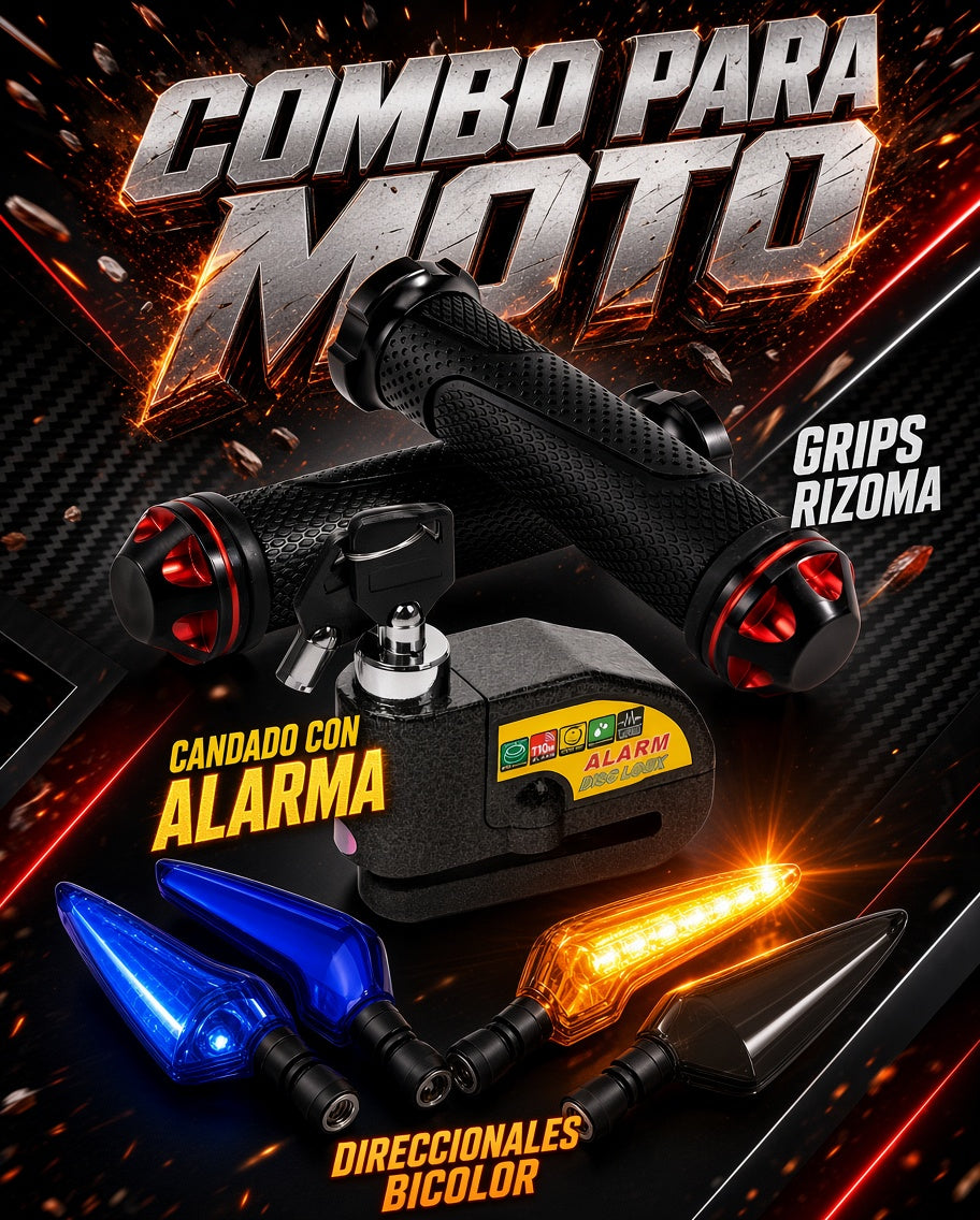 Combo Motero Premium: Candado con Alarma + Grips Rizoma + 2 Pares de Direccionales Bicolor