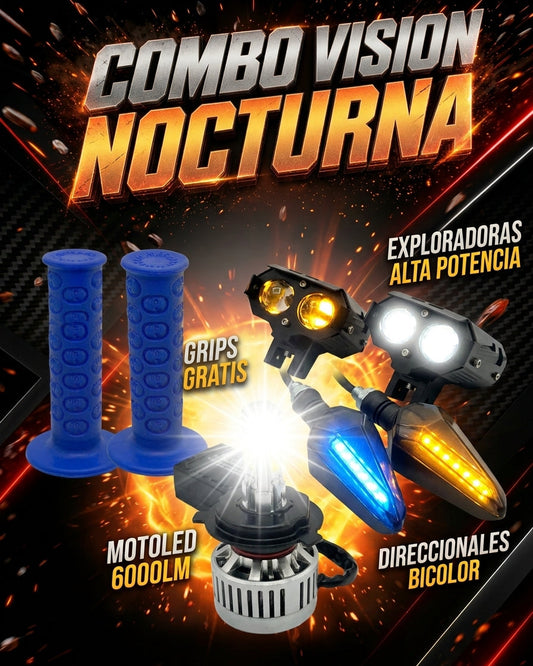 Combo Vision Nocturna: Exploradoras Alta Potencia + Bombillo 6000lm + 2 Pares Direccionales Bicolor + Grips GRATIS